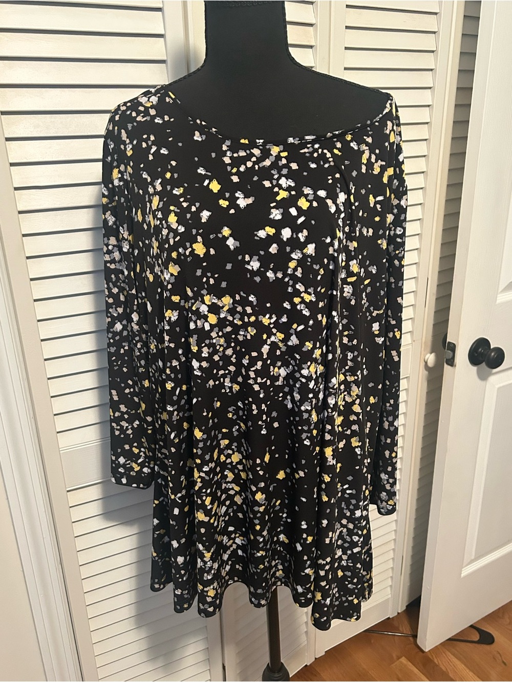 Susan Graver Black Long-Sleeve Floral Swing Dress with Yellow & White Prints